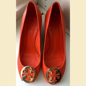 Tory Burch peep toe wedge pump.
